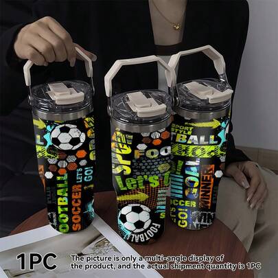 1pc/5pcs 30oz Fun Football Graffiti Theme Stainless Steel Insulated Coffee Mug. World Cup Themed, Keeps Drinks Hot/Cold, Portable Handle, Perfect For Training, Watching Games, Going To School, Working Out, Or Commuting; Stainless Steel Locks In Temperature, Keeping Drinks Fresh For Longer; Stylish For Fans, And A Thoughtful And Practical Gift.