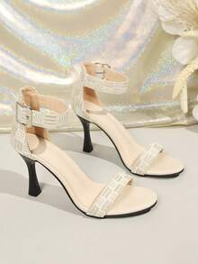 Giày sandal cao gót mũi tròn cho nữ, có khóa cài, chất liệu vải in họa tiết thời trang, họa tiết nhiệt đới, giày cao gót da PU có khóa cài sành điệu cho tiệc tùng và mùa hè. - Màu be - Xem 2