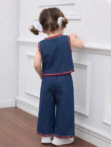 1 Conjunto de Ropa Casual y Elegante para Niñas Bebé con Decoración de Fresa - Blusa sin Mangas + Pantalones de Pierna Ancha, Ideal para Primavera/Verano - Azul - Ver 2