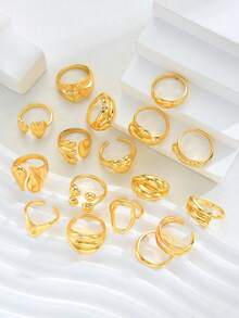 17pcs Fashionable Exaggerated Retro Punk Style 3D Heart, Star, Geometric Line, Ball Shaped Ring Set, Stackable Daily Wear Rings For Women (No Box) - Yellow Gold - View 4