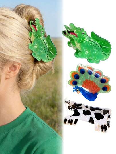 1个趣味卡通彩色印花动物爪夹，亚克力逼真动物系列孔雀/鳄鱼/奶牛/变色龙爪夹，可爱卡哇伊风格度假/通勤/校园风发夹，鲨鱼爪夹适合半扎发
