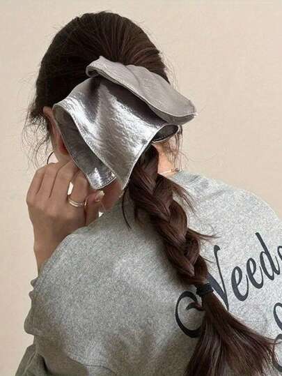 1pc Shiny Silver Square Scarf, Large Size Women Hair Scrunchie, Women Low Ponytail Hair Tie, Extra Large Retro Square Hair Scrunchie, Fashion Hair Accessory, Retro Style, Soft Smooth Fabric, Stylish Hair Scrunchie Hair Accessory Hair Elastics Hair Rubber Bands Hair Rope