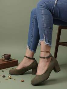 女士春夏欧式坡跟玛丽珍高跟圆头派对舞鞋，优雅女士高跟凉鞋 - 綠色 - 查看 1