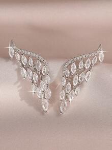1pair Elegant Cubic Zirconia Designed Angel Wing Design Earrings For Women For Daily Decoration For Party Banquet Wedding,Summer,Jewellery,Festival - Silver - View 2