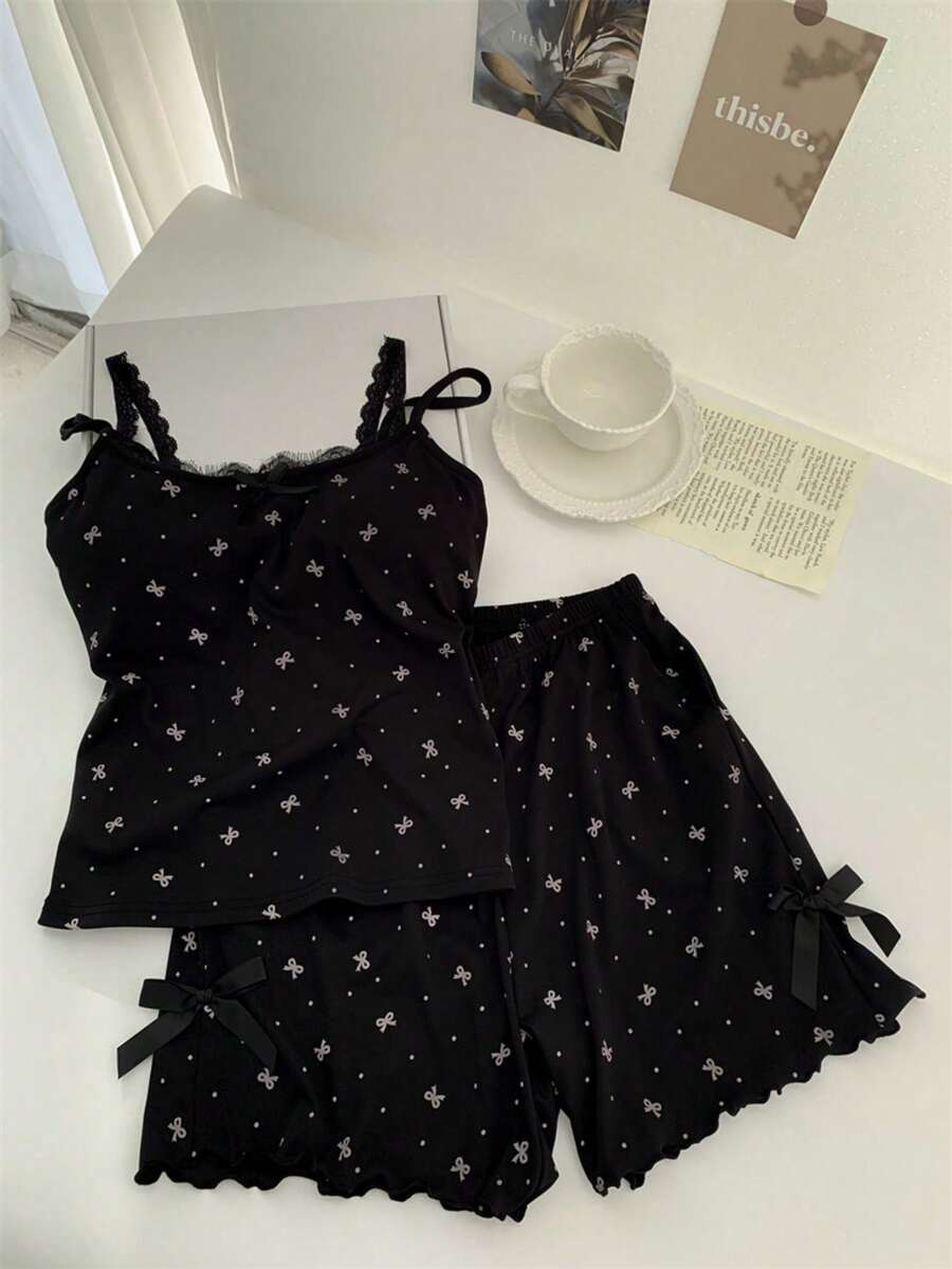 Women's Summer New Camisole Pajamas With Padded Bust, Bow & Lace Trim, Sleepwear - Black - View 1