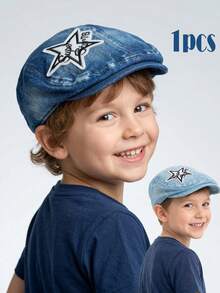 1pc Toddler Boys' Blue Embroidered Star Beret Hat, All Season Versatile Washed Distressed Baseball Cap - 1PC - View 1