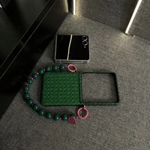 Korean Simple Dark Green Straw Mat Pattern Phone Case With Beads Chain Compatible With Samsung Galaxy ZFlip7 Z Flip6 ZFlip 5 Zflip6 Zflip5 Shockproof Back Cover - Dark Green - View 11