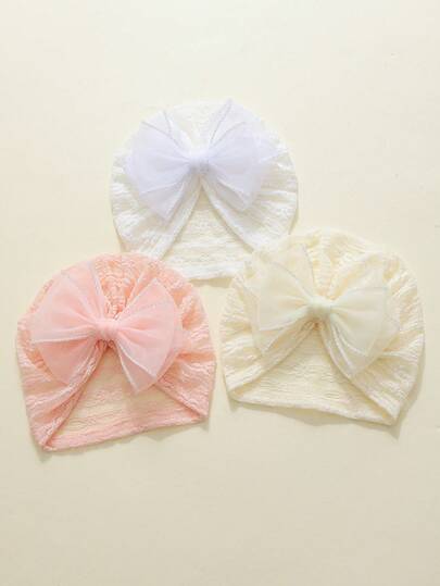 3pcs/Set Multi-Color Double-Layer Bow Baby Hats, Super Cute & Fashionable, Breathable Mesh Fabric, Suitable For All Seasons, Great Gift & Photo Prop, Casual, Home, Vacation, Sports, Retro, Elegant, Adorable, Academic Style