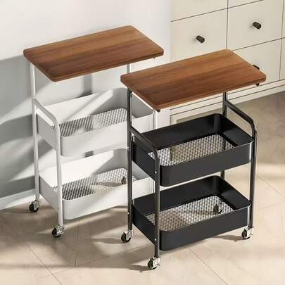 1件装时尚、可移动、加厚碳钢多功能双层咖啡桌推车，复古风格桌边设计，客厅带轮茶几，卧室置物架，小桌子，便携式衣物架，适用于厨房和客厅的垂直可移动置物架，卧室和浴室的多层置物架，户外装饰