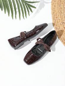 Giày Mary Jane nơ mới mùa Xuân/Thu, giày da lộn mũi vuông đa năng, cỡ lớn, màu cà phê. - Mẫu đá nâu - Xem 5