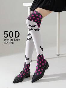 1/2 Đôi tất nữ 50D hơi trong suốt in hình dơi hồng và chấm bi - Món quà Halloween dễ thương, ngộ nghĩnh, tất dài đến đầu gối in chuyển nhiệt 360 độ. - Nhiều màu - Xem 2