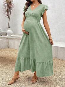 Maternity Casual Shirred Cap Sleeve Shirred Waist Ruffle Hem Dress - 綠色 - 查看 4