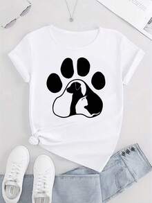 Women'S Casual Sports T-Shirt, Round Neck, Short Sleeves, Cat And Dog Paw Print Pattern Print, Comfortable Summer Holiday Top - White - View 2