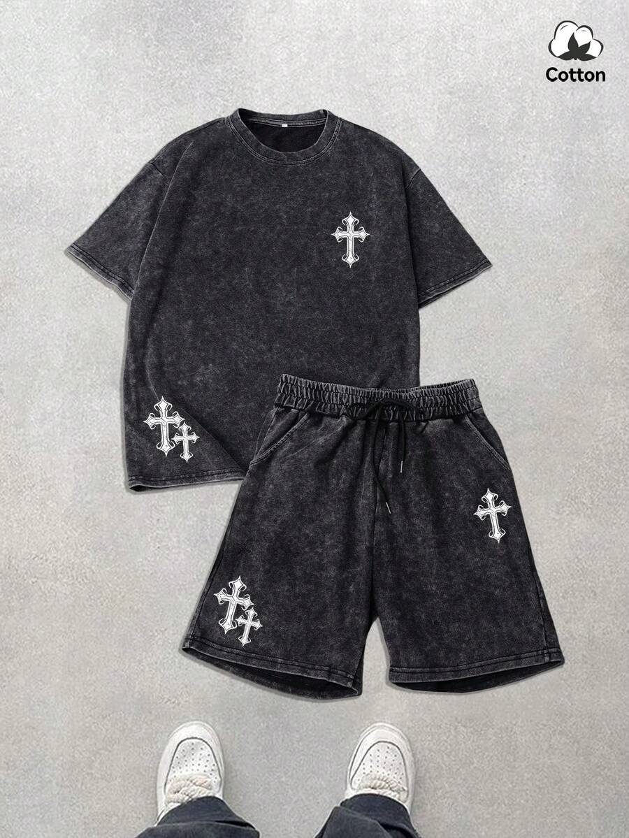 Bộ áo thun và quần short nam Hemo phong cách đường phố, in hình chữ thập, chất liệu co giãn, màu đen mài, thích hợp mặc hàng ngày, mùa hè. - màu đen - Xem 1