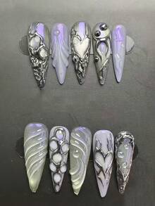 十片装哥特朋克手工美甲贴片，欧美复古按压式假指甲，紫色假指甲，奢华高端按压式假指甲，春夏按压式假指甲，长杏仁形假指甲，3D手绘假指甲，女士礼物，美甲，适合女孩和女士参加派对和日常生活佩戴。 - 彩色 - 查看 8