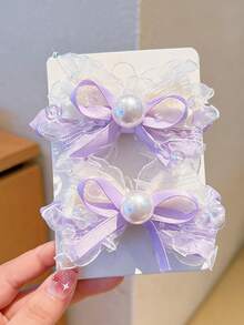 2 piezas Clips para el cabello con lazo y perla lindos para niñas, uso versátil diario, accesorios escolares, regalo para amigos - Multicolor - Ver 5