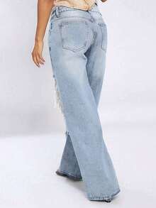 Quần jeans nữ dáng ngắn, thanh lịch, phong cách đường phố, sang trọng, năng động, trẻ trung, gợi cảm, rách rưới, kiểu retro, ống thẳng, dáng rộng, đã giặt, dành cho người nhỏ nhắn, mùa xuân. - Màu xanh chiên nhạt - Xem 4