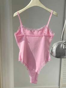 Elegant Casual Women's Pink Polyester Cami Bodysuit With Spaghetti Straps And Contrast Lace Detail - 粉色 - 查看 4