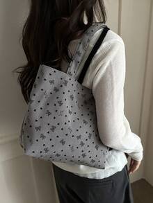 Bolso de mano con estampado de fresa, bolso de mano de estilo lindo, bolso de hombro versátil de gran capacidad y moda para mujer, de pana, Kawaii - Gris - Ver 3