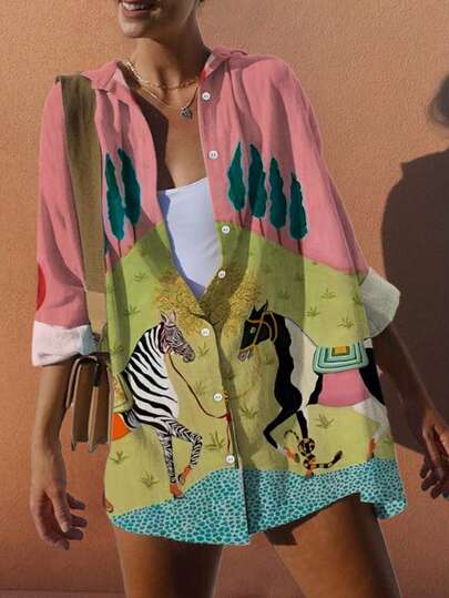 Sea Starshine Women's Loose Casual Vacation Style Colorblock Letter & Zebra Print 3/4 Sleeve Shirt, Suitable For Beach, Music Festival, Spring/Summer