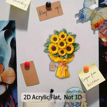 1pc Sunflower Magnet With Backing - Vibrant Yellow Bouquet, Realistic Flowers And Delicate Ribbon Decor - Acrylic Fridge Decoration, Gift For Floral Enthusiasts, Mother's Day, Father's Day - Suitable For Office, 2D Flat