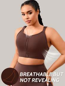 1pc Women Plus Size Sports Bra, Adjustable Back Support, Front Zipper Closure, Casual Wear - Coffee Brown - View 3