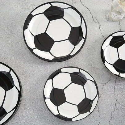 10/50件套白色足球主题派对餐具套装，7/9英寸一次性足球主题纸盘、纸杯和餐巾纸，足球主题派对用品