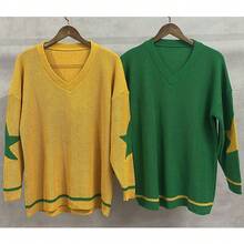 Women's Green Knit Sweater With A V-Neck, Yellow Star Details And Striped Hem, Regular Fit And Wrist-Length Sleeves. Basic Top. - 綠色 - 查看 3