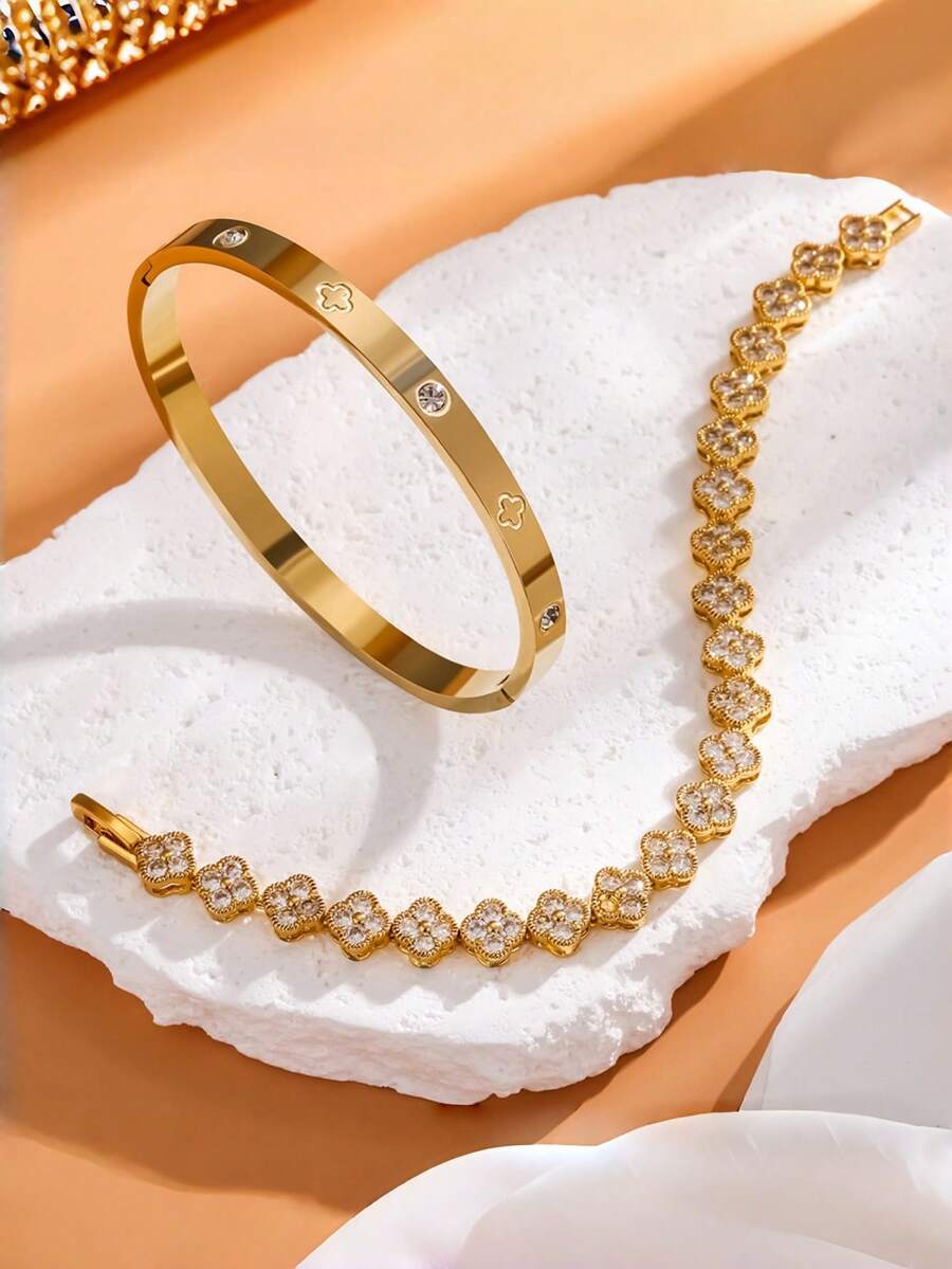 2pcs Elegant Waterproof Cubic Zirconia Bangle Bracelets, Stainless Steel Open Cuff Bracelets 18K Gold Plated, Fashionable Jewelry Suitable For Women's Daily Wear, Dates, Parties, Gifts - Two Four-leaf Clover Bracelets - View 1
