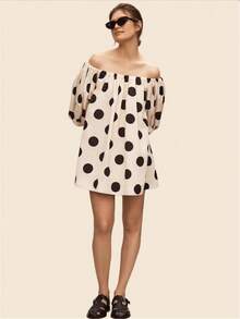 Women's Off-Shoulder Casual Petal Sleeve Loose Mini Dress, Beach Sundress - Black and White - View 5