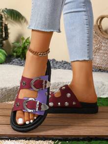 2026 Summer New Women's Burgundy And Purple Color-Block Metal Buckle Thick-Soled Slides, Round Toe, Leather Strap Decor, Slip-On Thick-Soled Sandals, Contrast Color, PU Material, Personalized-Catching, Metal Buckle Star Rivet Sweet & Cool Decor, Double Wide Straps Fit Foot Shape, Thick Sole Increase Height Anti-Slip Wear-Resistant, European And American Street Style Music Festival Women Shoes - Wine Red Violet - View 5