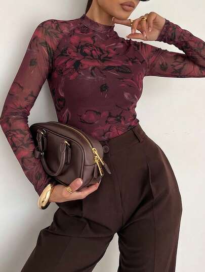 Blusa de manga larga con estampado floral burdeos de malla, blusa ajustada de cuello alto transparente, top de capa con estampado de rosas oscuras románticas para salir, trabajo y vacaciones
