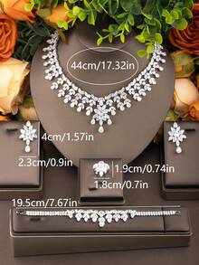 1 Set de joyería de lujo con racimo de flores de circonita cúbica, incluye 1 par de aretes, 1 collar, 1 pulsera, 1 anillo, adecuado para ocasiones formales de mujeres, sin incluir caja de regalo - Plateado - Ver 5
