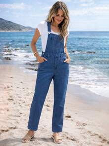Women's Casual Loose Fit Washed Blue Denim Bib Overalls, Versatile Fashion Item - Blue - View 1