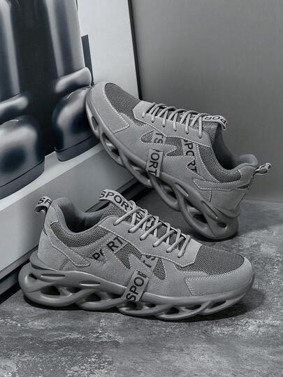 男士经典灰色侧边字母缎带网眼拼接休闲运动鞋，多功能中空减震刀底户外跑步鞋