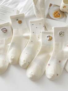 5双随机款式袜子，女士可爱卡通星星印花中筒袜，个性化船袜 - 彩色 - 查看 1