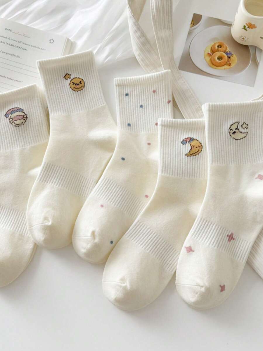 5双随机款式袜子，女士可爱卡通星星印花中筒袜，个性化船袜 - 彩色 - 查看 1