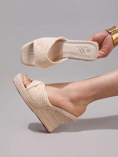 Sandal đế xuồng dây gai dành cho nữ, quai xoắn, hở mũi, đế dày, kiểu dáng thường ngày, thích hợp cho kỳ nghỉ, đi biển.