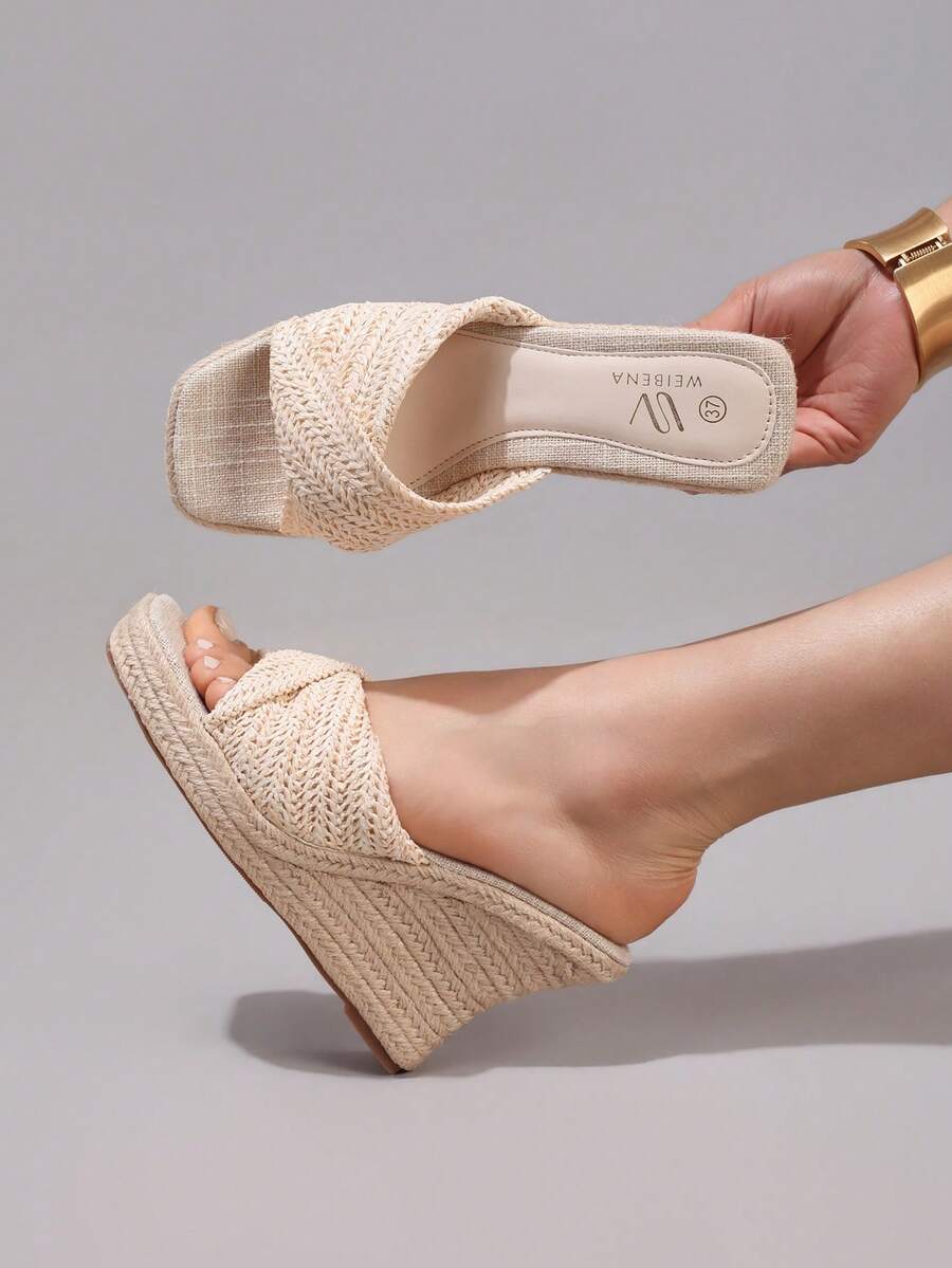 Sandal đế xuồng dây gai dành cho nữ, quai xoắn, hở mũi, đế dày, kiểu dáng thường ngày, thích hợp cho kỳ nghỉ, đi biển.