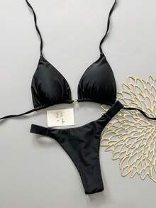 Bộ bikini gợi cảm buộc dây cổ màu trơn dành cho nữ, thích hợp mặc đi biển mùa hè. - màu đen - Xem 2