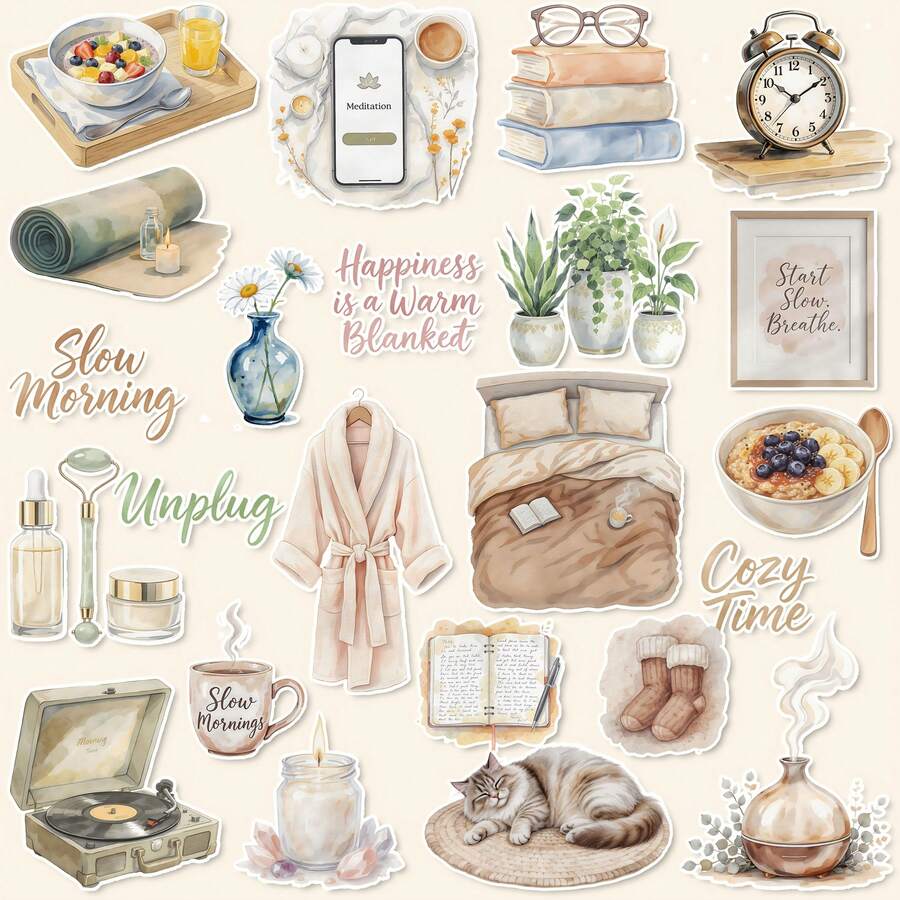 一套，家居健康生活主题贴纸，可用于计划、办公、友情与爱情礼物、包装、节日派对、剪贴簿、书签、背包、行李箱、杯子、笔记本等，也可作为计划本、DIY贴纸或装饰贴纸使用。 - A - 查看 1