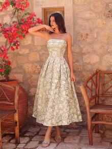 ADYCE Elegant Women's Embroidered Fabric Heart Neck High Waist Open Back Tie A-Line Mid-Length Party Dress, Suitable For Ball, Birthday Party, Evening Gala, Date, Prom, Wedding Guest, Cocktail Party, Family Holiday - Apricot - View 3