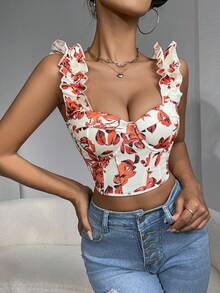 Áo corset dây bèo nhún in hoa màu cam - trái cam - Xem 4