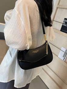 This Fashionable, Classic And Versatile Letter Graphic Design Solid Color PU Waterproof Material Crescent-Shaped Shoulder/Underarm Bag Is Suitable For Shopping And Can Be Worn Crossbody. - 黑色 - 查看 7