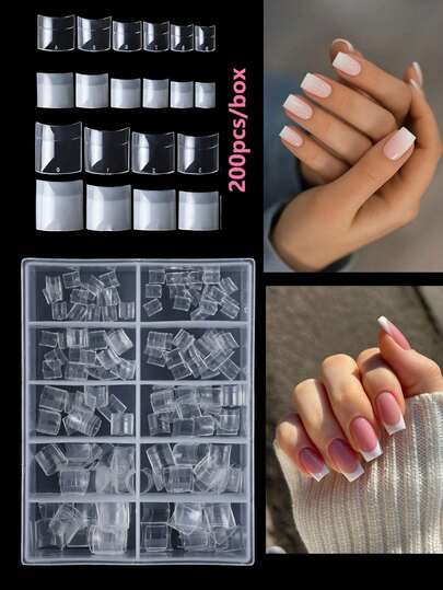 200片法式短款半贴甲片，自然透明，适用于美甲沙龙和家庭DIY美甲