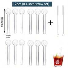 12pcs 4-Inch Short Round Glass Straws With Cleaning Brush, Heat-Resistant, Suitable For Cocktail & Coffee Cups, Reusable - 12 Straws - View 13