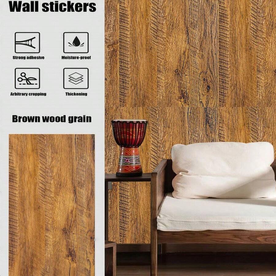1卷复古棕色木纹自粘墙纸，加厚防水防潮，适用于客厅和卧室旧家具翻新，仿旧棕色木纹，客厅卧室墙面翻新神器