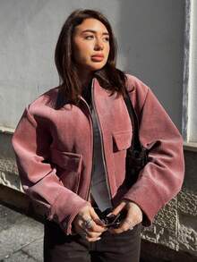 TRAFZA Spring Elegant Casual Pink Rose Velvet Jacket With Faux Leather Collar - Dusty Rose - View 5