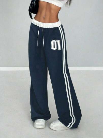 Navy Color Block Waist Wide Leg Pants With Side Stripe & Numeric Print Design, Flattering Silhouette, Casual American Vintage Style!