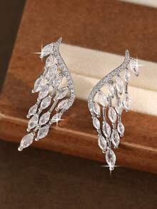 1pair Elegant Cubic Zirconia Designed Angel Wing Design Earrings For Women For Daily Decoration For Party Banquet Wedding,Summer,Jewellery,Festival - Silver - View 6